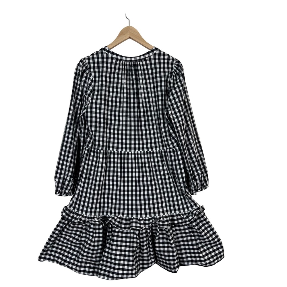 J.Crew Womens Gingham Tiered Mini Dress Black White V-Neck Long Sleeve Medium - Picture 2 of 14